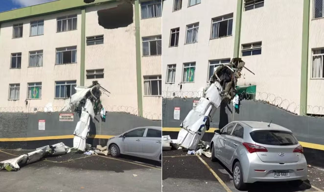 Avião de pequeno porte colide com prédio e cai em estacionamento em BH