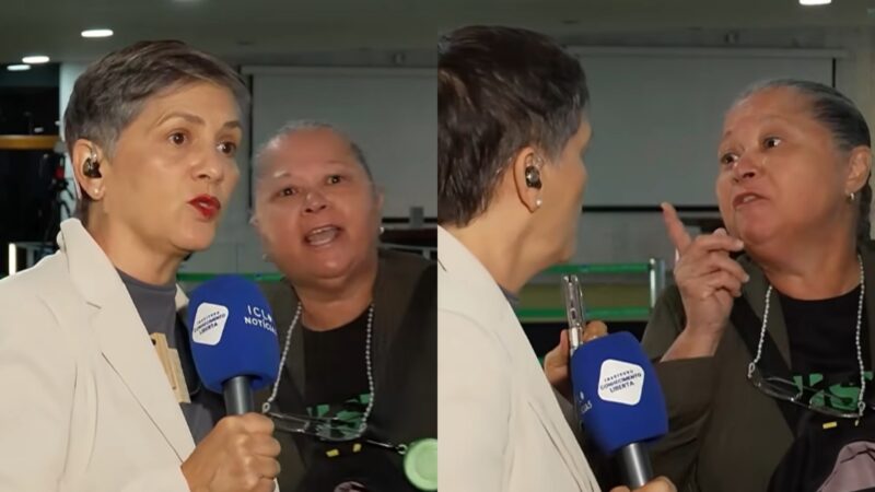 Mulher invade ao vivo de telejornal e leva bronca de repórter: ‘Ninguém te convidou’