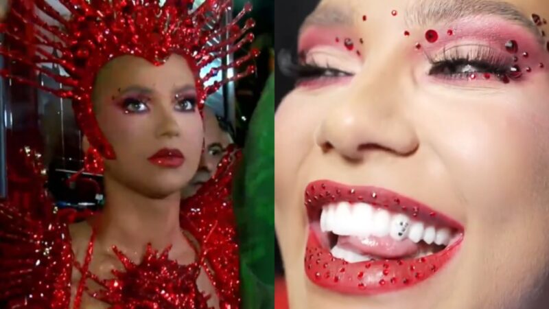 Sem coleira, Virginia exibe homenagem inusitada para Vini Jr. na boca antes de desfilar; veja